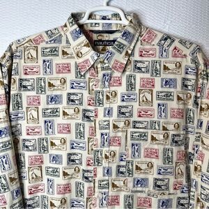 Vintage Nautica New Zealand Postage Stamp Print Button Up Shirt Size XL